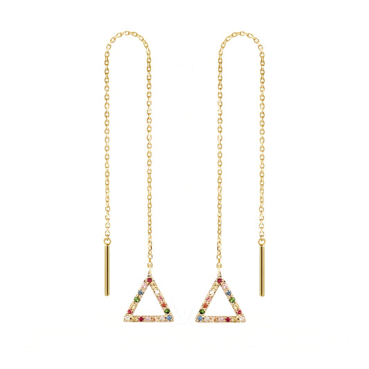 a pair of solid yellow gold threader earrings with a small triangle at the end set with rainbow sapphires