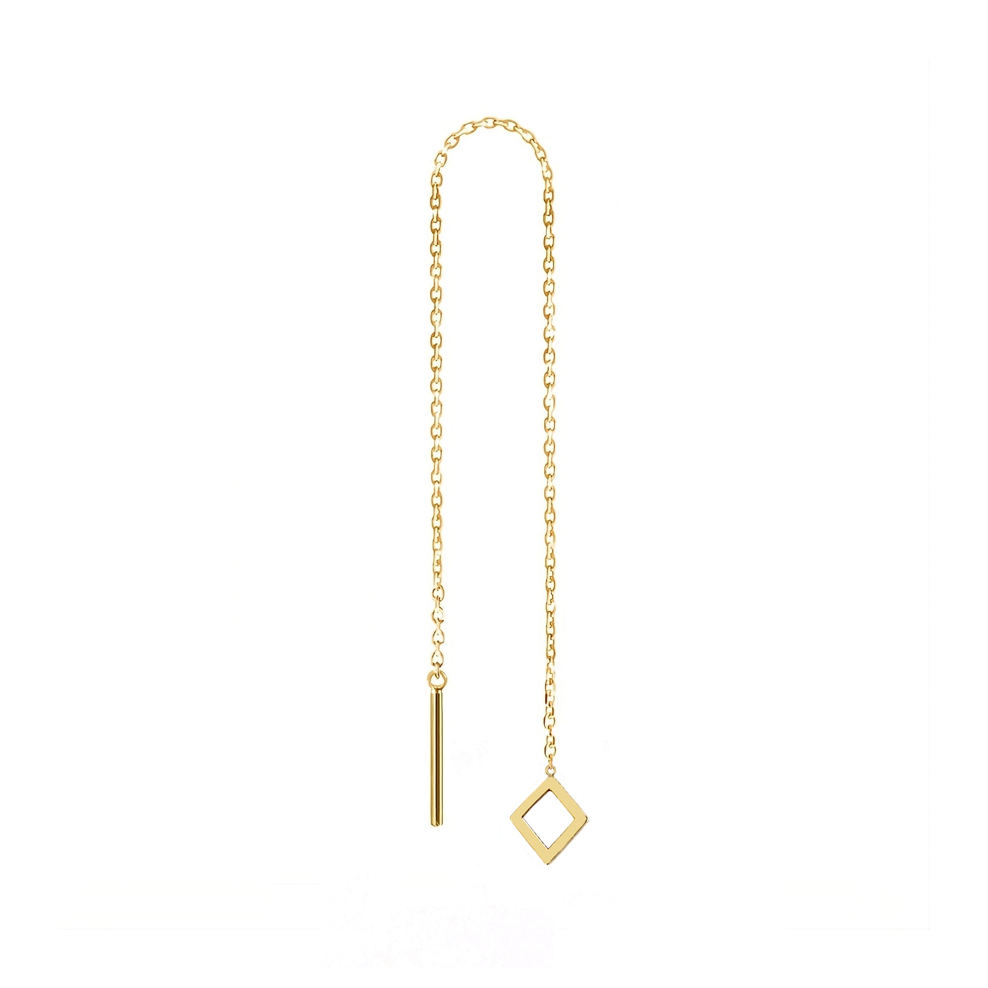 solid yellow gold single threader pull through earring with tiny rhombus