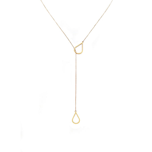 solid yellow gold lariat y necklace with two teardrops 