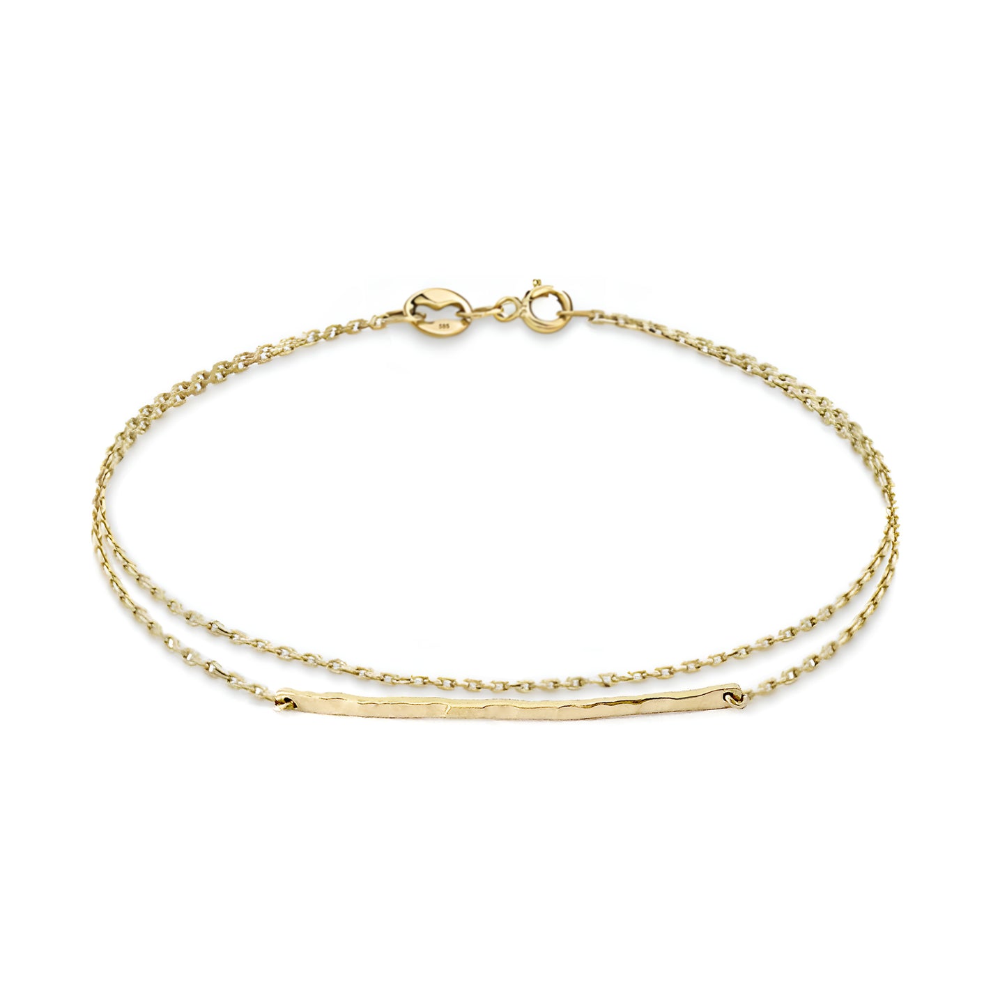 solid yellow gold bracelet with a thin hammered bar and double thin chain