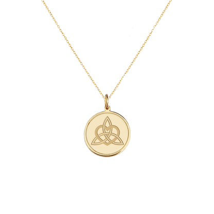 solid yellow gold disc pendant necklace engraved with a triquetra everlasting love celtic knot with a circle frame around it