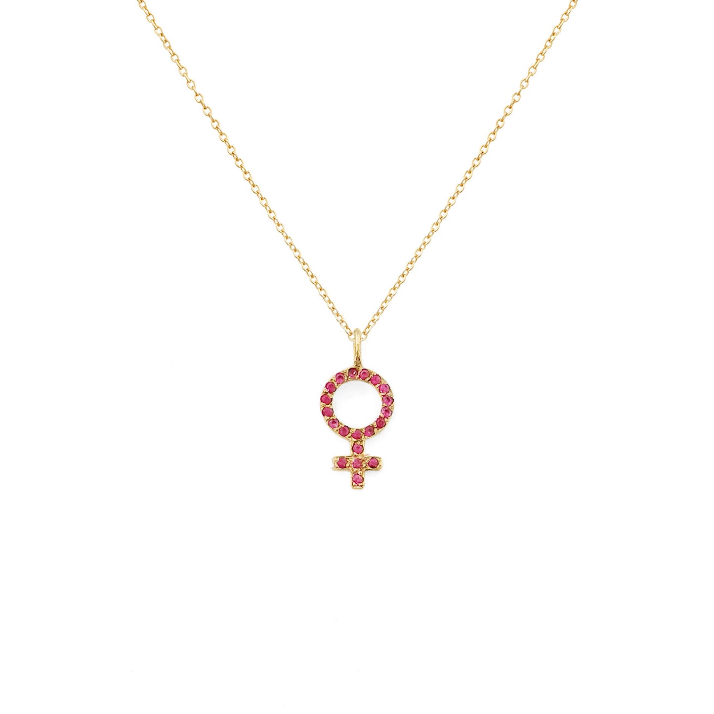 Solid Gold Female Symbol Venus Pendant Necklace with Rubies