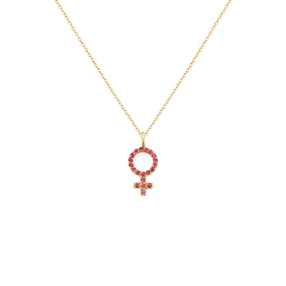 Solid Gold Female Symbol Venus Pendant Necklace with Rubies