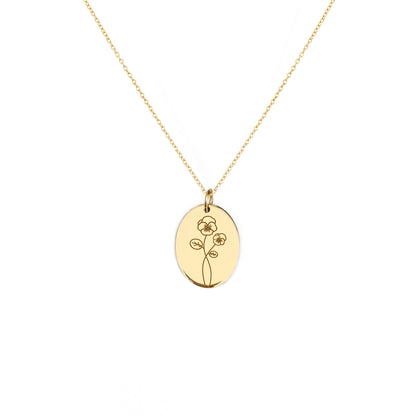 solid yellow gold oval pendant necklace engraved with a Violet the birth flower of February