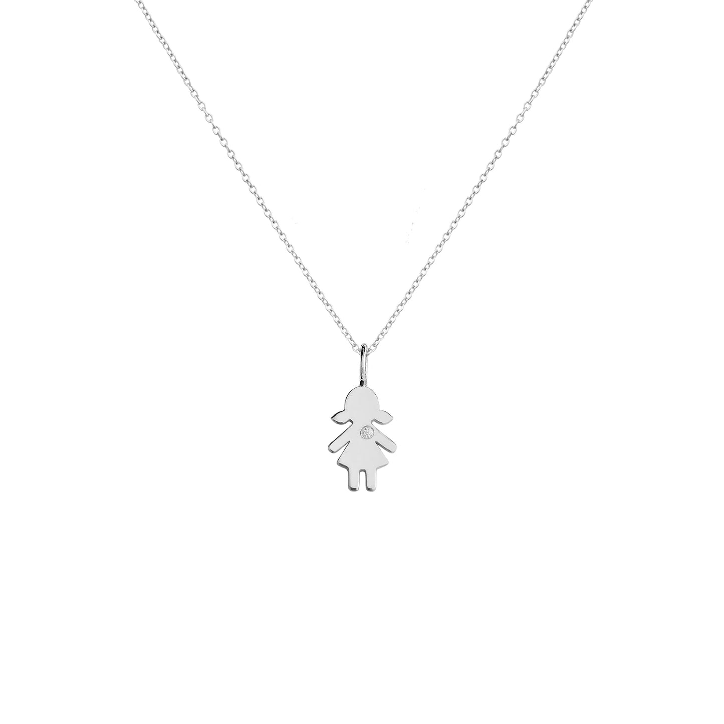 solid white gold necklace with tiny girl outline charm set with tiny diamond