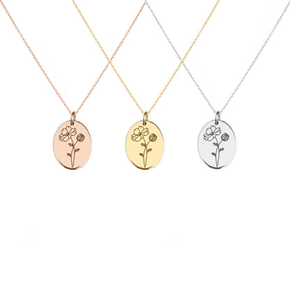 solid rose white and yellow gold oval pendant necklace engraved with a Cosmos the birth flower of October