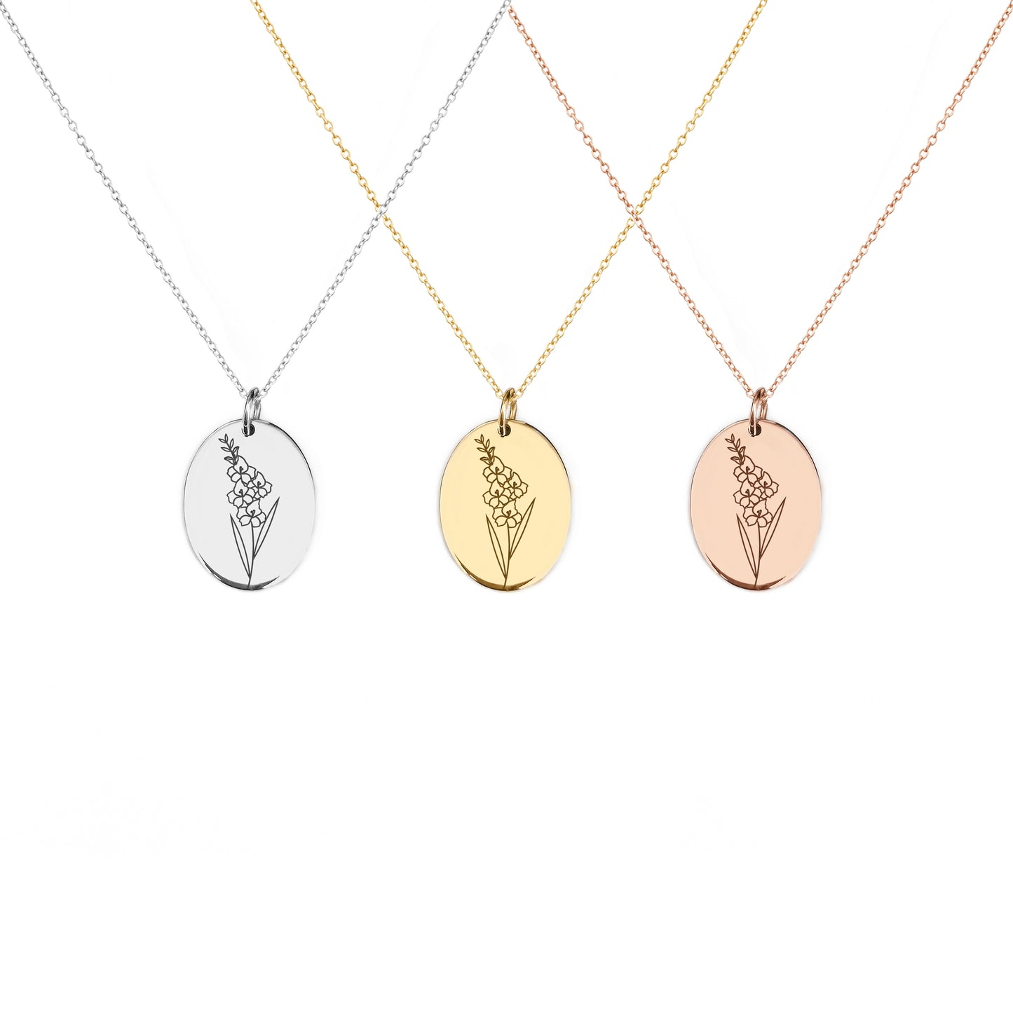 solid rose white and yellow gold oval pendant necklace engraved with a Gladiolus the birth flower of August