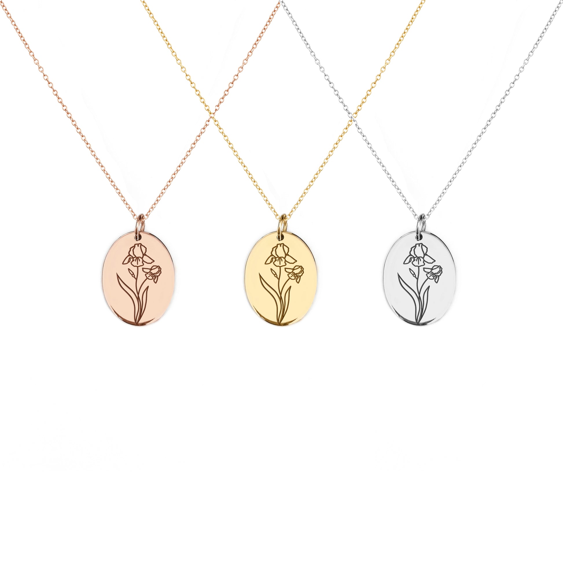 solid rose white and yellow gold oval pendant necklace engraved with an Iris the birth flower of February 