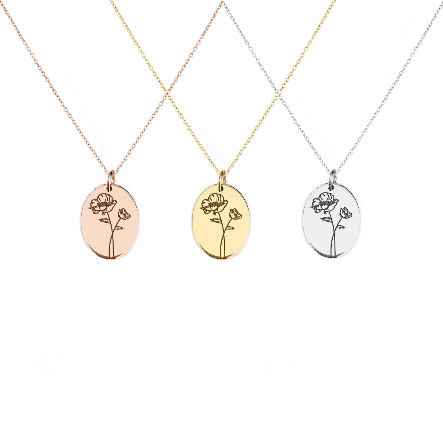 solid rose white and yellow gold oval pendant necklace engraved with a Poppy the birth flower of August