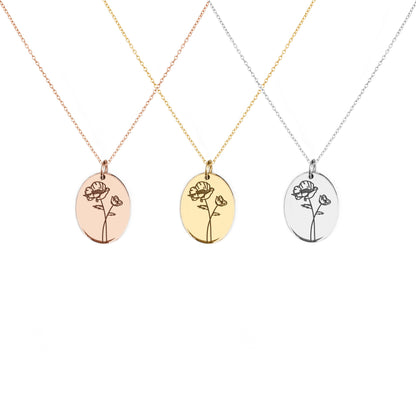 solid rose white and yellow gold oval pendant necklace engraved with a Poppy the birth flower of August