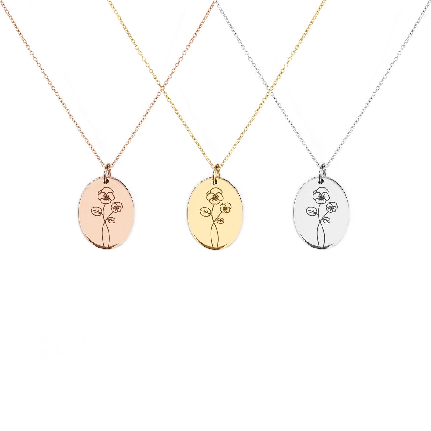 solid rose white and yellow gold oval pendant necklace engraved with a Violet the birth flower of February 