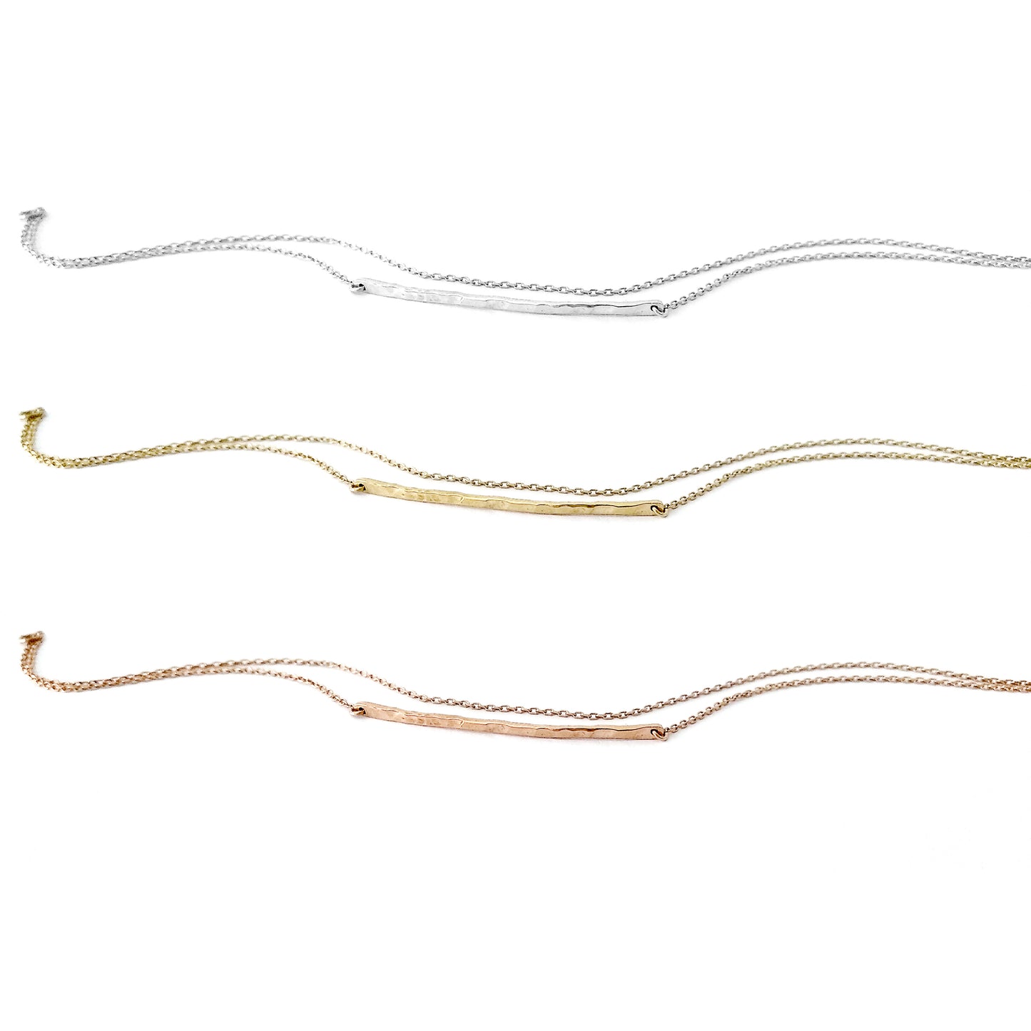 solid yellow rose and white gold bracelets with a thin hammered bar and double thin chain