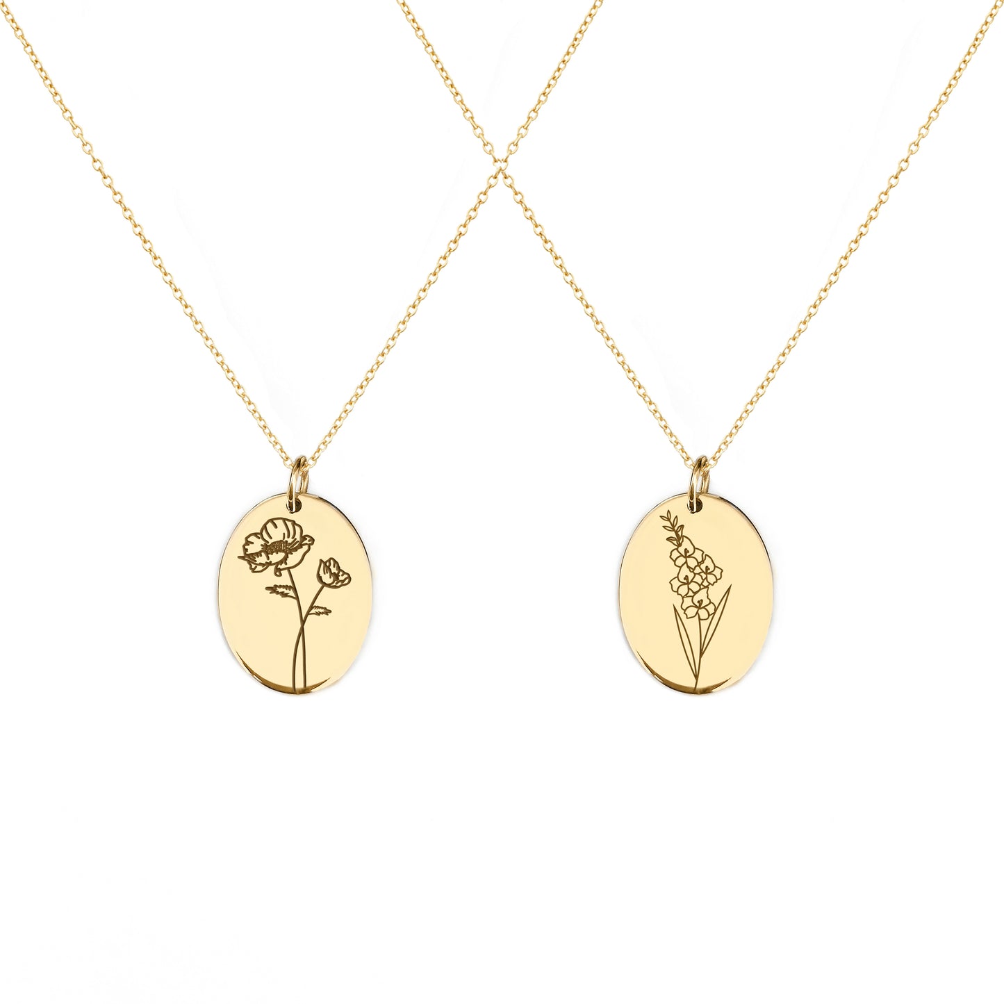 two solid yellow gold oval pendant necklaces engraved with the birth flowers of August Poppy and Gladiolus