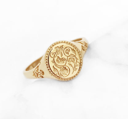 18K 14K 9K Solid Gold Floral Wreath Art Nouveau Signet Ring