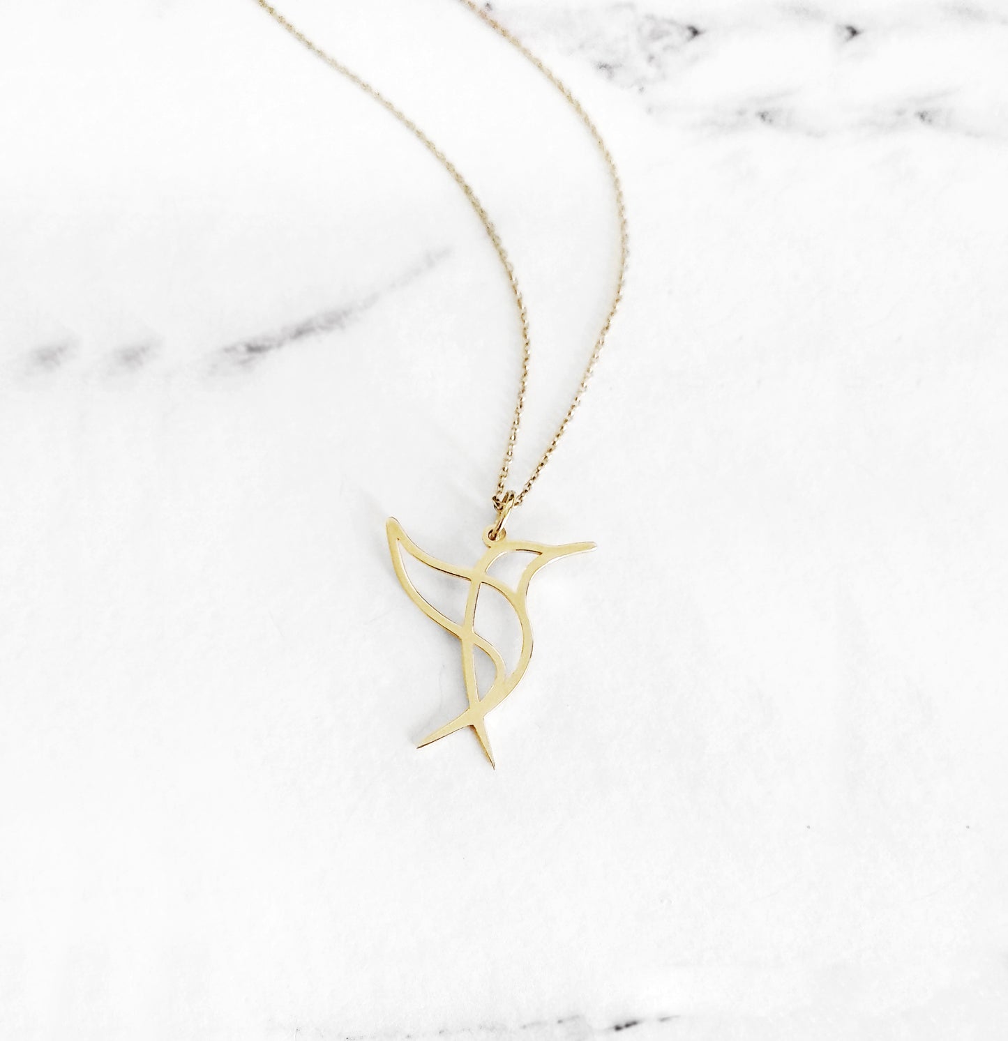 14K 9K Solid Gold Hummingbird Origami Pendant Necklace