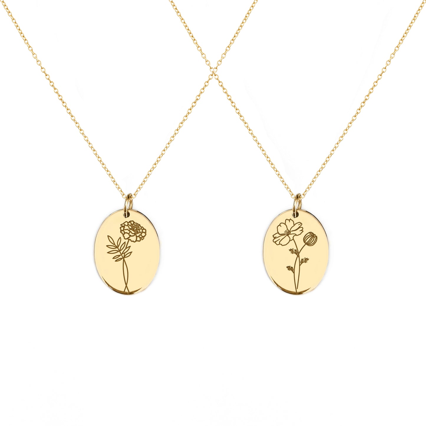 two solid yellow gold oval pendant necklaces engraved with the birth flowers of October Marigold and Cosmos