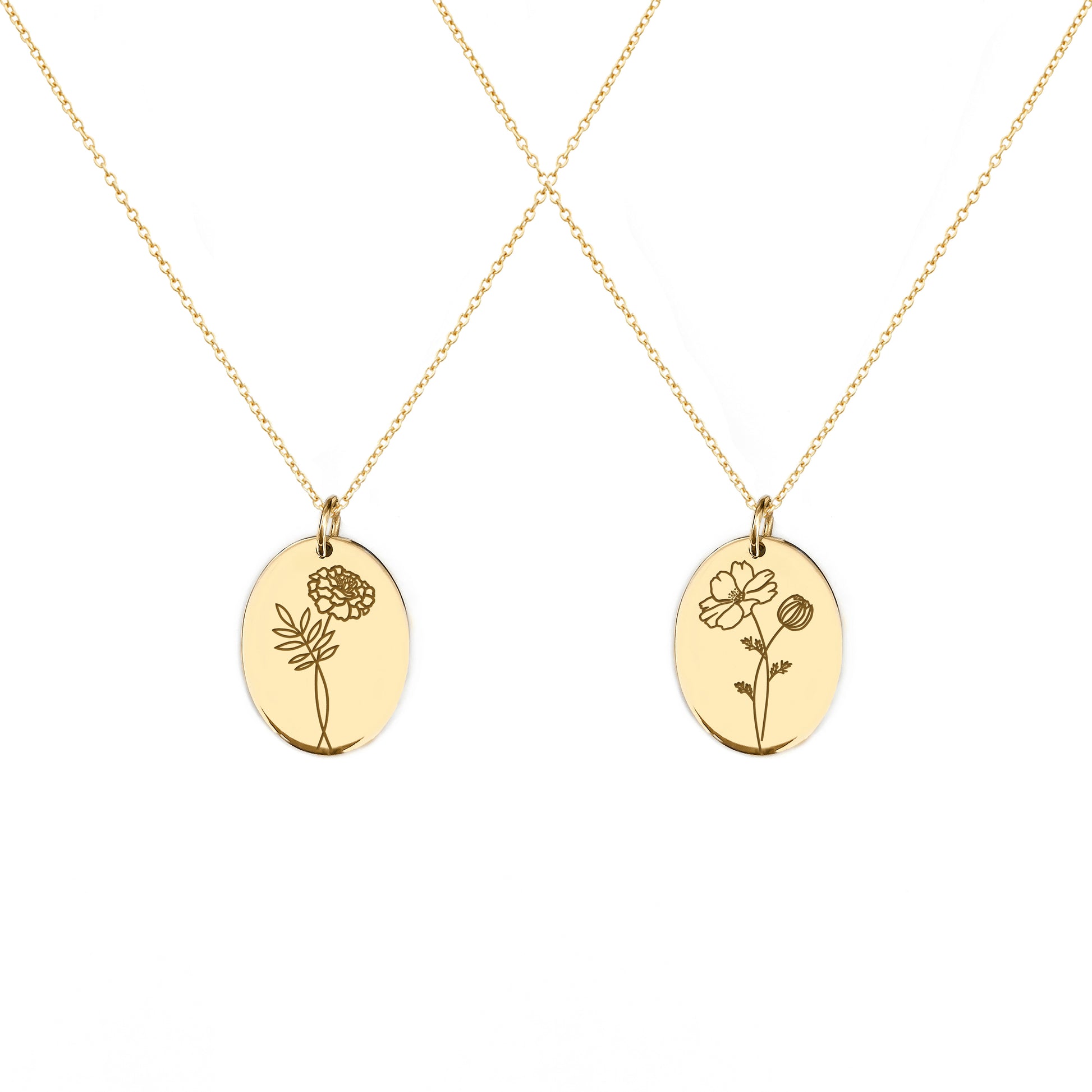 two solid yellow gold oval pendant necklaces engraved with the birth flowers of October Marigold and Cosmos