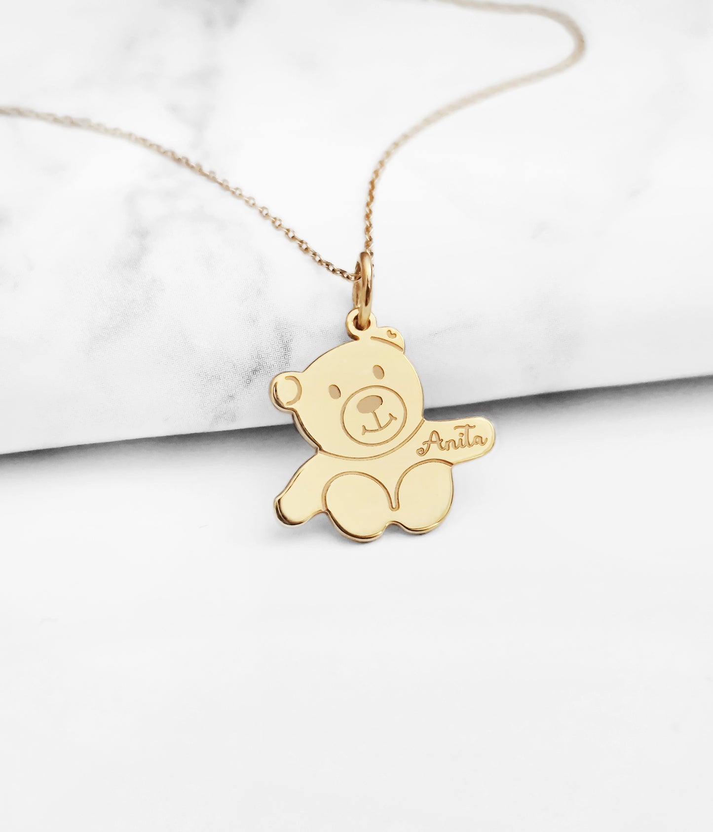 14K 9K Solid Gold Personalized Name Teddy Bear Pendant Charm Necklace