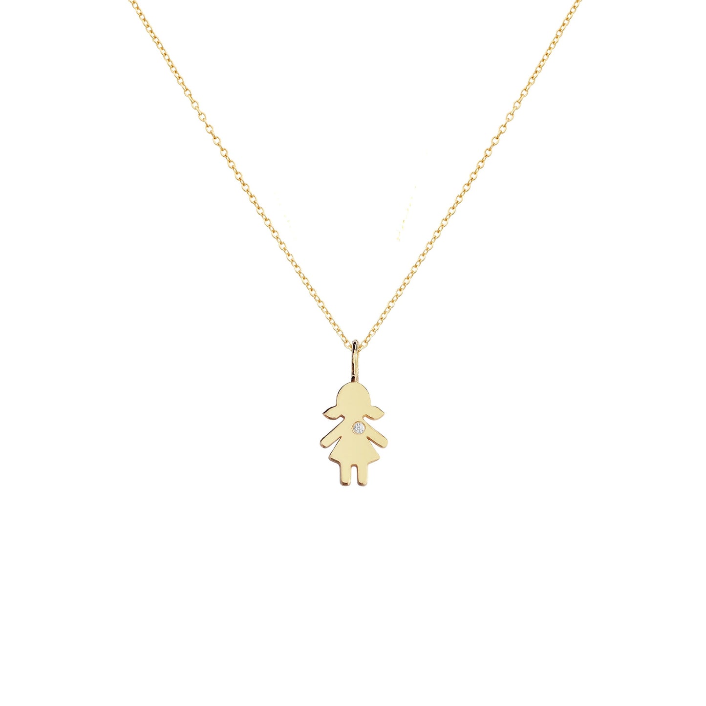 solid yellow gold necklace with tiny girl outline charm set with tiny diamond