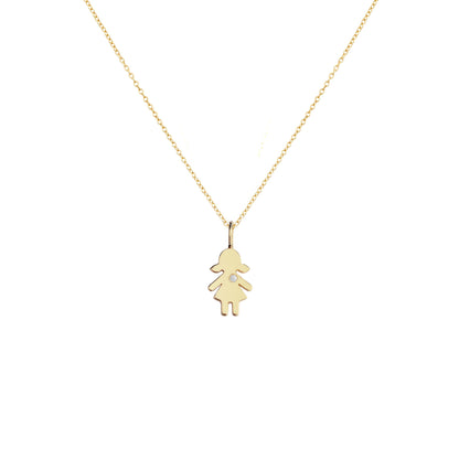 solid yellow gold necklace with tiny girl outline charm set with tiny diamond